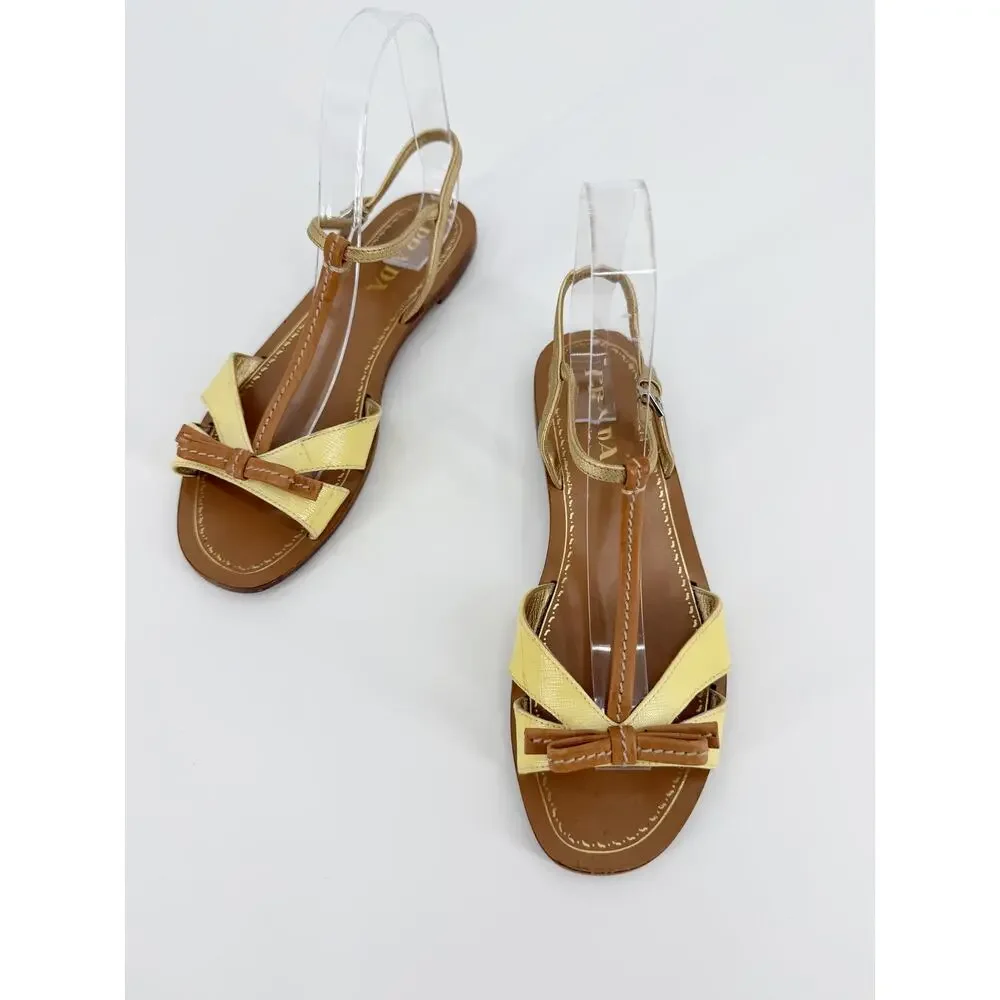 Prada Sandals Yellow Leather Bow T Strap Flat Gladiator Slingback Italy 36.5